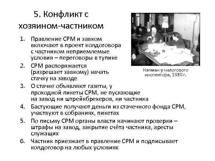 5. Конфликт с хозяином-частником 1. Правление СРМ и завком включают в проект колдоговора с