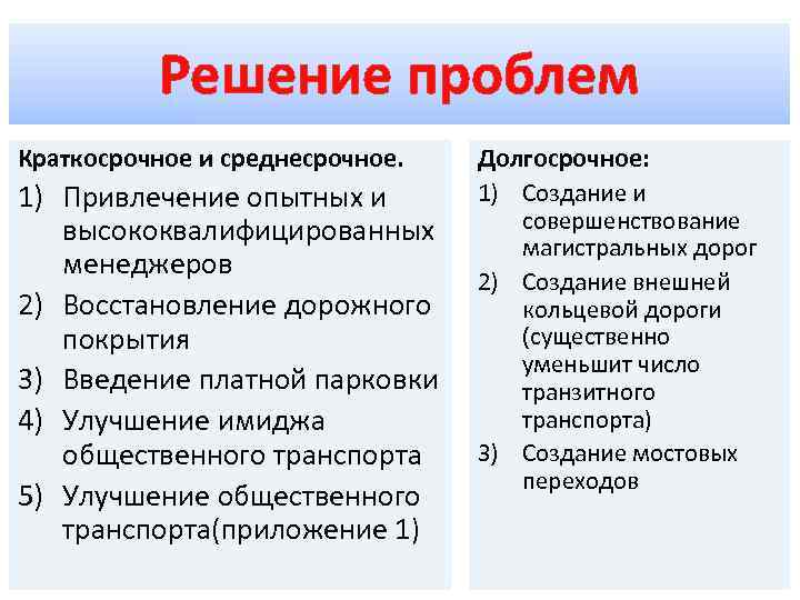 Решение проблем Краткосрочное и среднесрочное. 1) Привлечение опытных и высококвалифицированных менеджеров 2) Восстановление дорожного