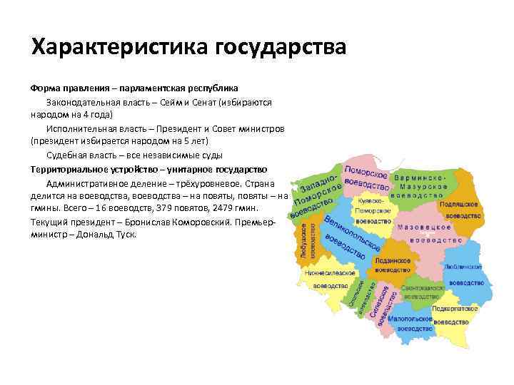 Характеристика государства Форма правления – парламентская республика Законодательная власть – Сейм и Сенат (избираются