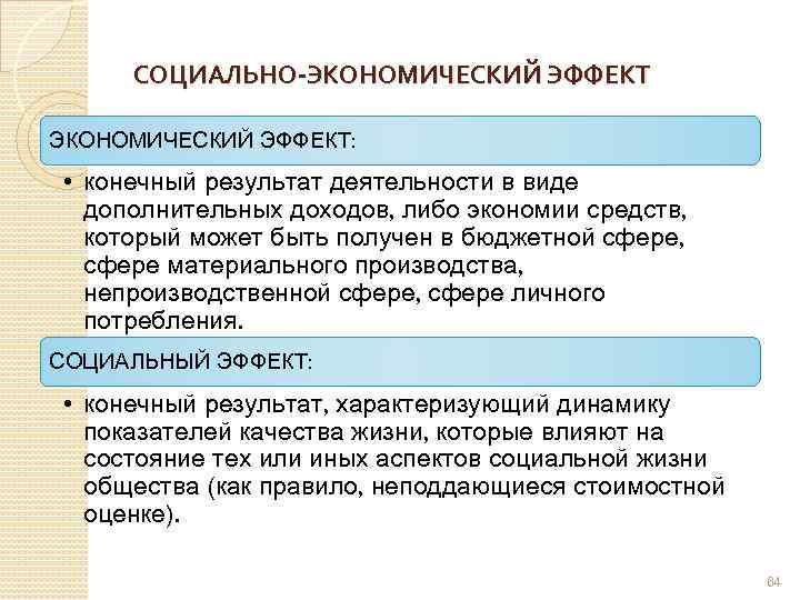 СОЦИАЛЬНО-ЭКОНОМИЧЕСКИЙ ЭФФЕКТ: • конечный результат деятельности в виде дополнительных доходов, либо экономии средств, который