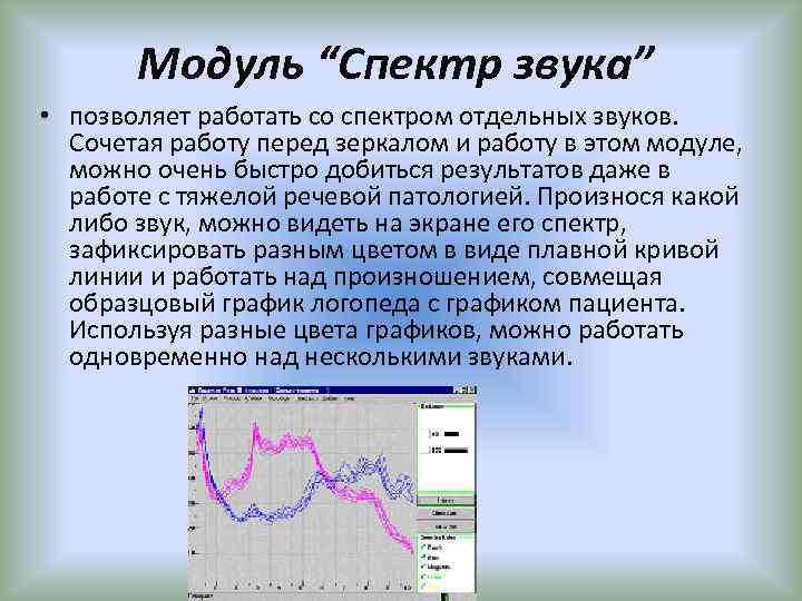 Модуль “Спектр звука” • позволяет работать со спектром отдельных звуков. Сочетая работу перед зеркалом