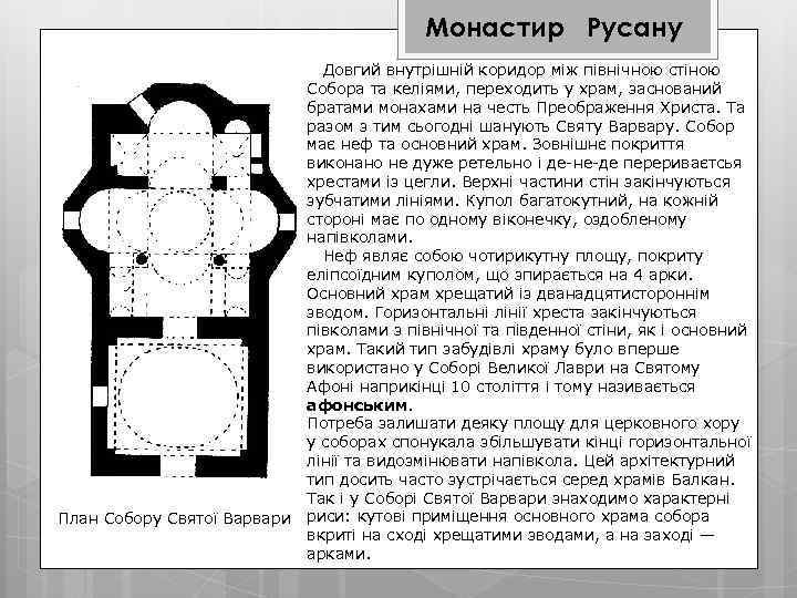 Монастир Русану План Собору Святої Варвари Довгий внутрішній коридор між північною стіною Собора та