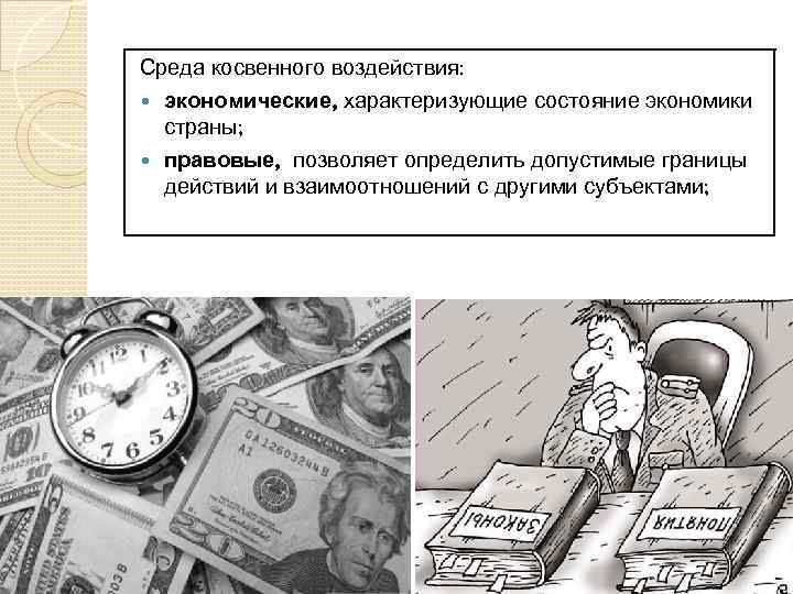 Среда косвенного воздействия: экономические, характеризующие состояние экономики страны; правовые, позволяет определить допустимые границы действий