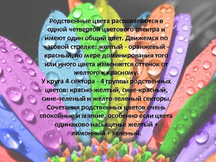 Родственные цвета располагаются в одной четвертой цветового спектра и имеют один общий цвет. Движемся