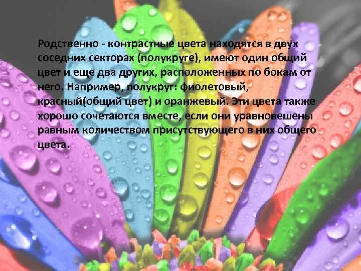 Родственно - контрастные цвета находятся в двух соседних секторах (полукруге), имеют один общий цвет