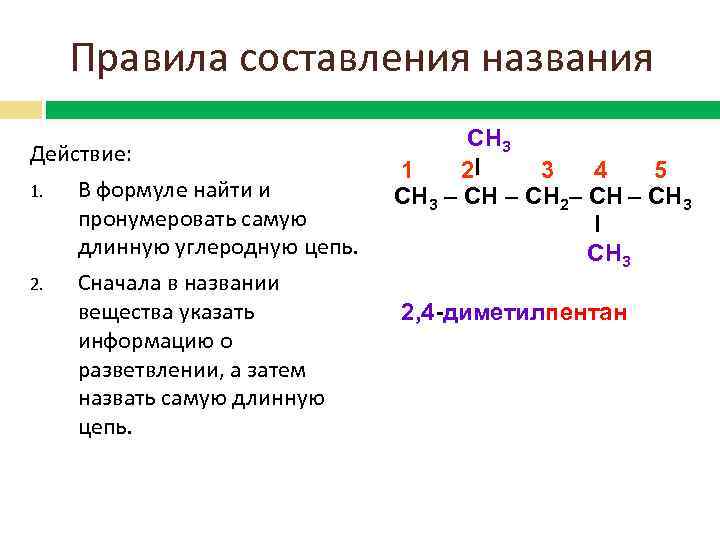 Правила составления названия Действие: 1. В формуле найти и пронумеровать самую длинную углеродную цепь.