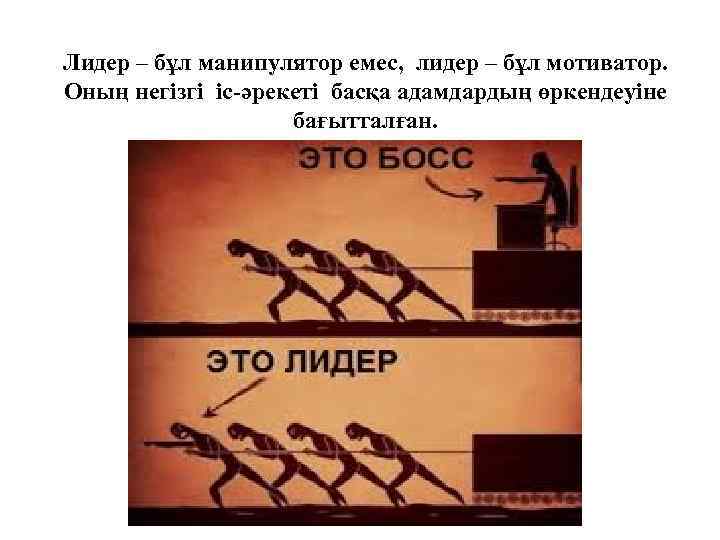 Лидер – бұл манипулятор емес, лидер – бұл мотиватор. Оның негізгі іс-әрекеті басқа адамдардың
