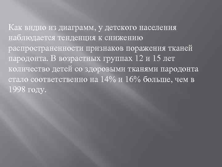 Как видно из диаграмм, у детского населения наблюдается тенденция к снижению распространенности признаков поражения