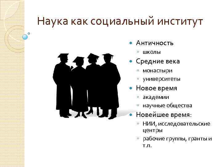 Наука как социальный институт Античность ◦ школы Средние века ◦ монастыри ◦ университеты Новое