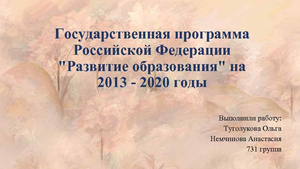 Государственная программа Российской Федерации "Развитие образования" на 2013 - 2020 годы Выполнили работу: Туголукова