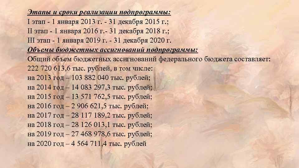 Этапы и сроки реализации подпрограммы: I этап - 1 января 2013 г. - 31