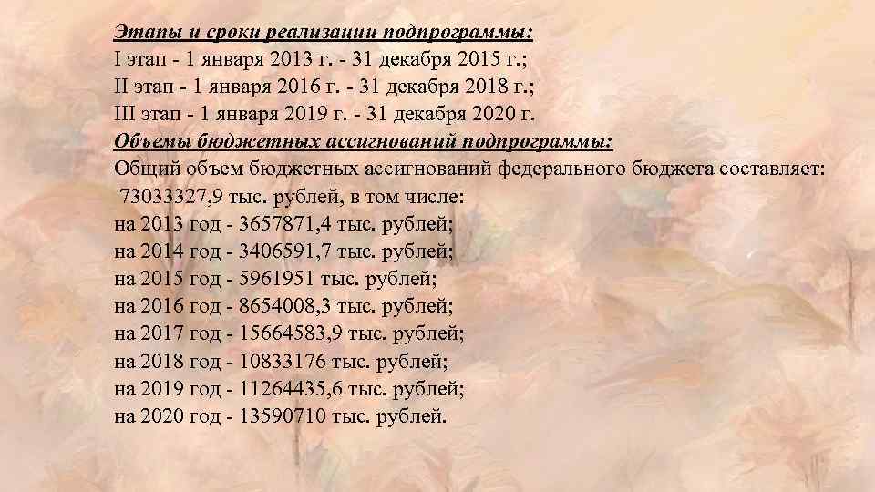 Этапы и сроки реализации подпрограммы: I этап - 1 января 2013 г. - 31