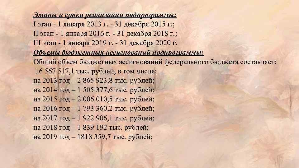 Этапы и сроки реализации подпрограммы: I этап - 1 января 2013 г. - 31