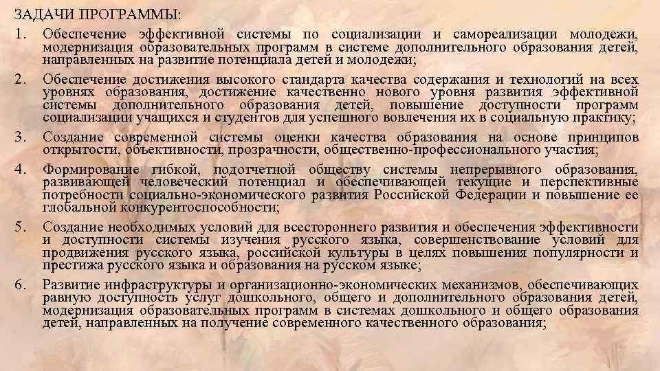 ЗАДАЧИ ПРОГРАММЫ: 1. Обеспечение эффективной системы по социализации и самореализации молодежи, модернизация образовательных программ