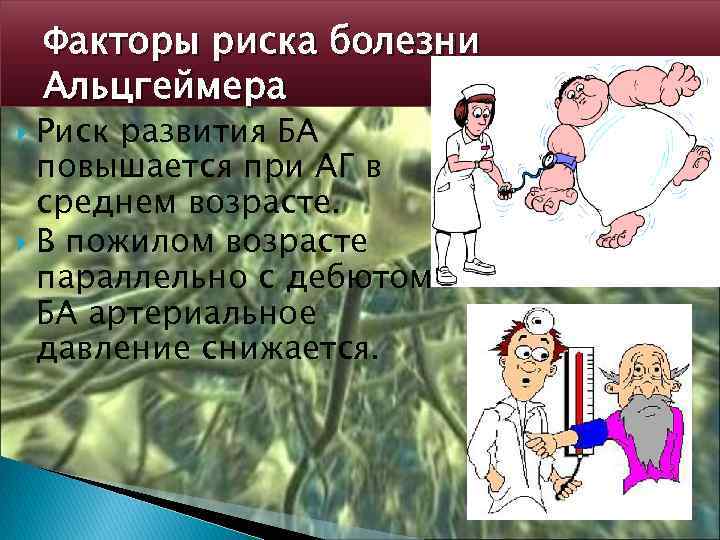 Факторы риска болезни Альцгеймера Риск развития БА повышается при АГ в среднем возрасте. В