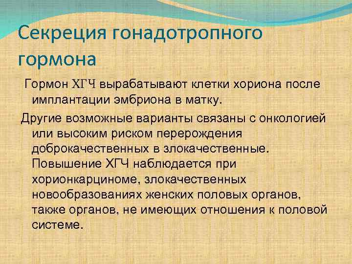 Секреция гонадотропного гормона Гормон ХГЧ вырабатывают клетки хориона после имплантации эмбриона в матку. Другие