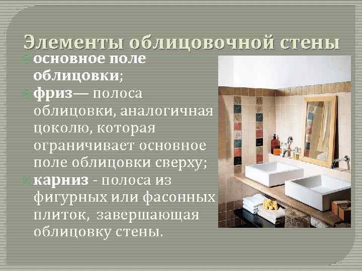 Элементы облицовочной стены основное поле облицовки; фриз— полоса облицовки, аналогичная цоколю, которая ограничивает основное