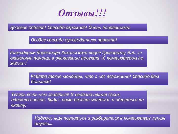 Отзывы!!! Дорогие ребята! Спасибо огромное! Очень понравилось! Особое спасибо руководителю проекта! Благодарим директора Хохольского