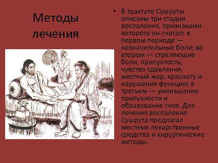 Методы лечения • В трактате Сушруты описаны три стадии воспаления, признаками которого он считал: