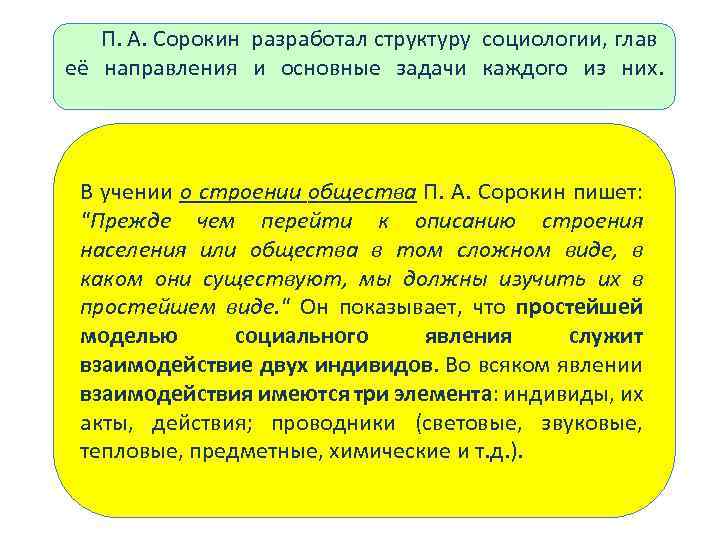 П. А. Сорокин разработал структуру социологии, глав её направления и основные задачи каждого из