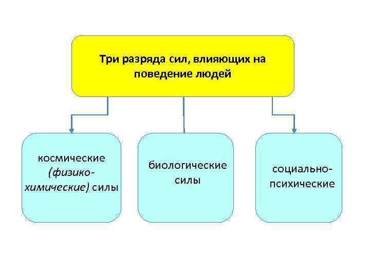 Три разряда сил, влияющих на поведение людей космические (физикохимические) силы биологические силы социальнопсихические 