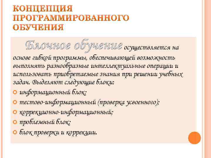 Блочное обучение осуществляется на основе гибкой программы, обеспечивающей возможность выполнять разнообразные интеллектуальные операции и