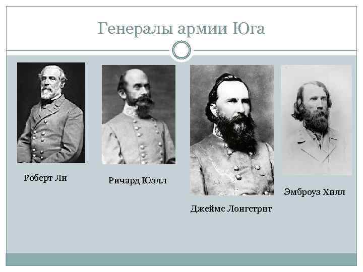 Генералы армии Юга Роберт Ли Ричард Юэлл Эмброуз Хилл Джеймс Лонгстрит 