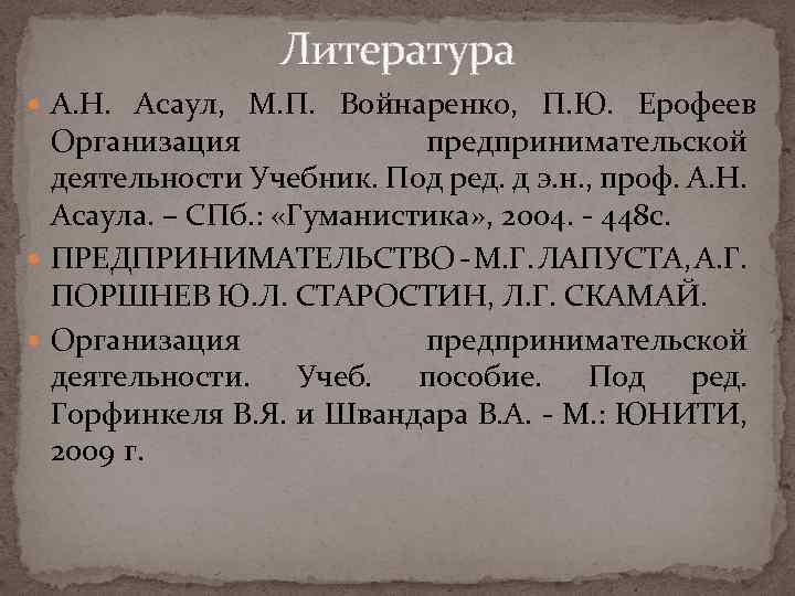 Литература А. Н. Асаул, М. П. Войнаренко, П. Ю. Ерофеев Организация предпринимательской деятельности Учебник.