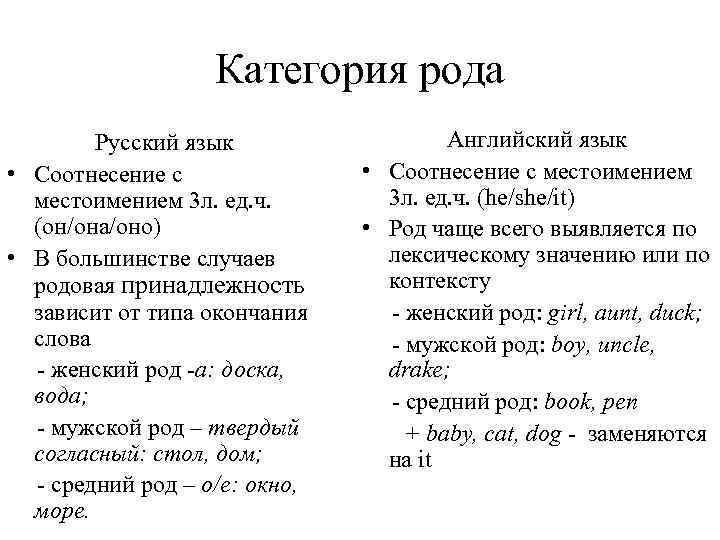 Категория рода Русский язык • Соотнесение с местоимением 3 л. ед. ч. (он/она/оно) •