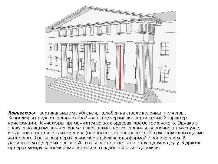 Каннелюры – вертикальные углубления, желобки на стволе колонны, пилястры. Каннелюры придают колонне стройность, подчеркивают