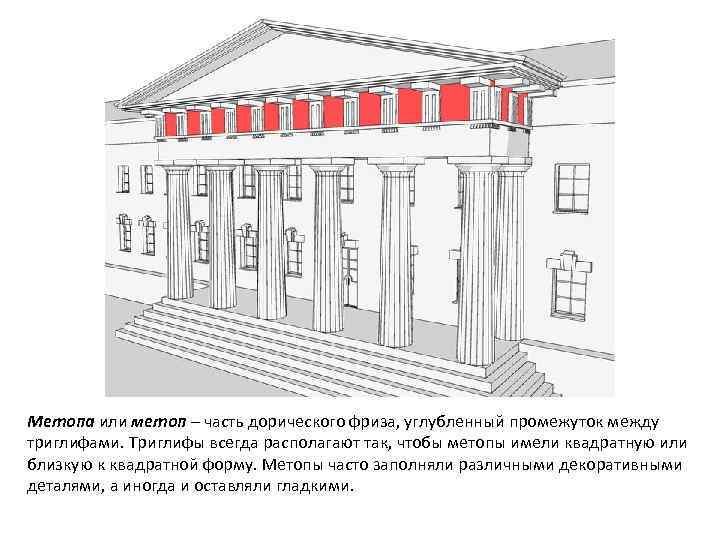 Метопа или метоп – часть дорического фриза, углубленный промежуток между триглифами. Триглифы всегда располагают