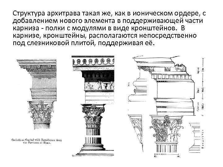Структура архитрава такая же, как в ионическом ордере, с добавлением нового элемента в поддерживающей