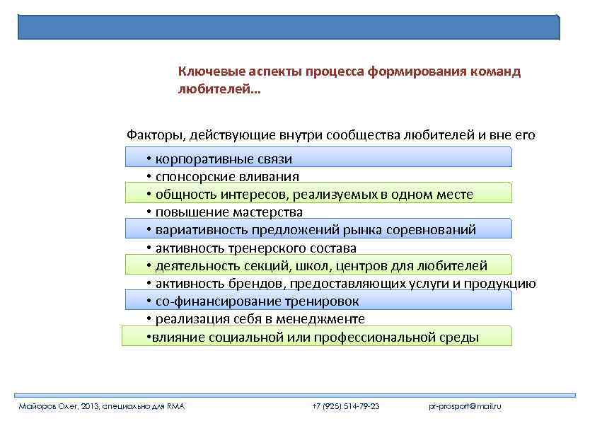 Ключевые аспекты процесса формирования команд любителей… Факторы, действующие внутри сообщества любителей и вне его