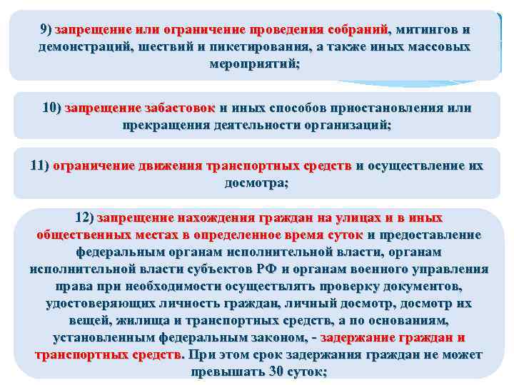 9) запрещение или ограничение проведения собраний, митингов и демонстраций, шествий и пикетирования, а также