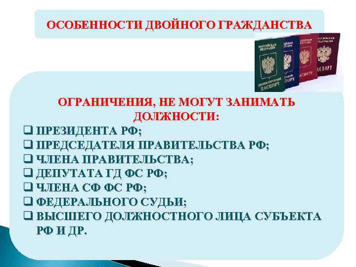 ОСОБЕННОСТИ ДВОЙНОГО ГРАЖДАНСТВА ОГРАНИЧЕНИЯ, НЕ МОГУТ ЗАНИМАТЬ ДОЛЖНОСТИ: q ПРЕЗИДЕНТА РФ; q ПРЕДСЕДАТЕЛЯ ПРАВИТЕЛЬСТВА