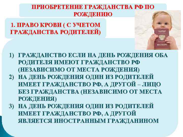 ПРИОБРЕТЕНИЕ ГРАЖДАНСТВА РФ ПО РОЖДЕНИЮ 1. ПРАВО КРОВИ ( С УЧЕТОМ ГРАЖДАНСТВА РОДИТЕЛЕЙ) 1)