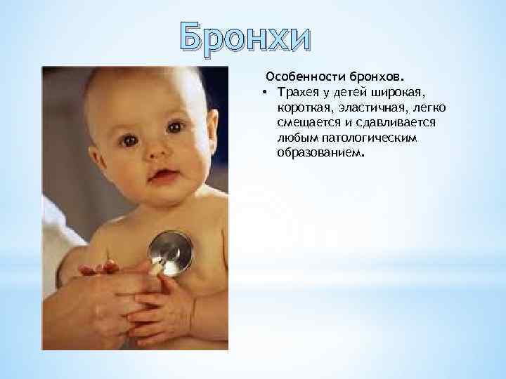 Бронхи Особенности бронхов. • Трахея у детей широкая, короткая, эластичная, легко смещается и сдавливается