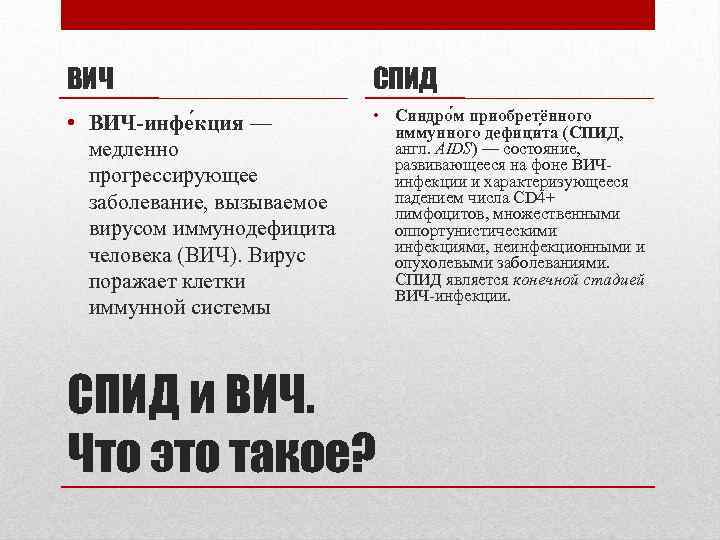 ВИЧ СПИД • ВИЧ-инфе кция — медленно прогрессирующее заболевание, вызываемое вирусом иммунодефицита человека (ВИЧ).