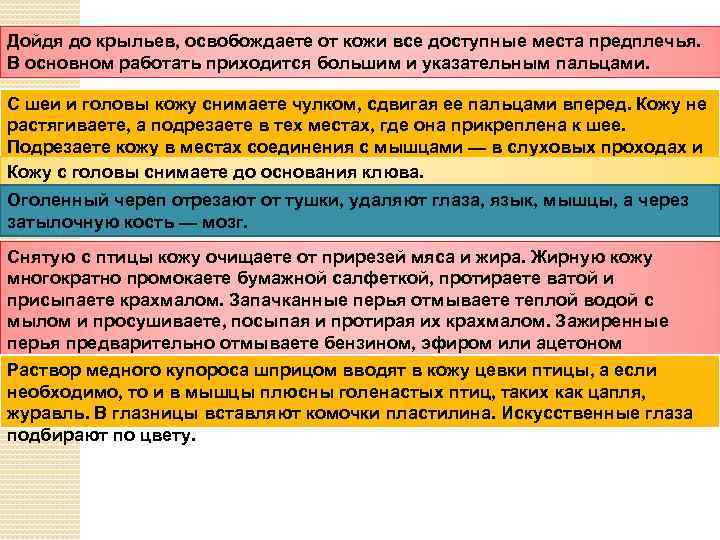 Дойдя до крыльев, освобождаете от кожи все доступные места предплечья. В основном работать приходится