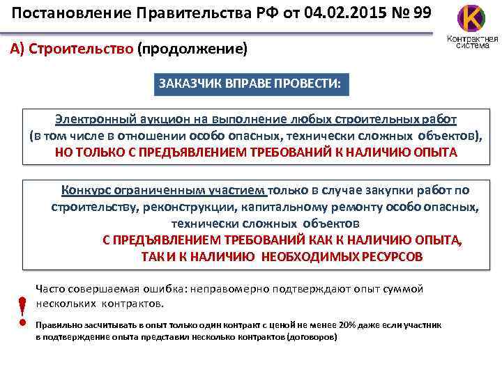 Постановление Правительства РФ от 04. 02. 2015 № 99 А) Строительство (продолжение) ЗАКАЗЧИК ВПРАВЕ