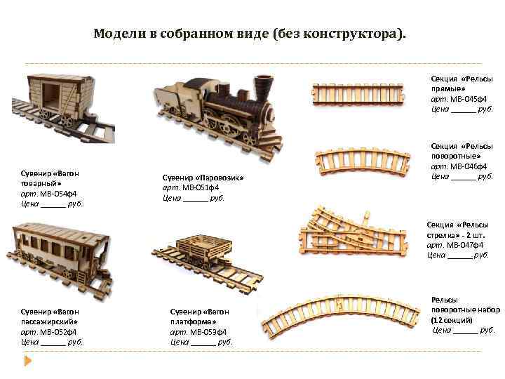 Модели в собранном виде (без конструктора). Секция «Рельсы прямые» арт. МВ-045 ф4 Цена ______