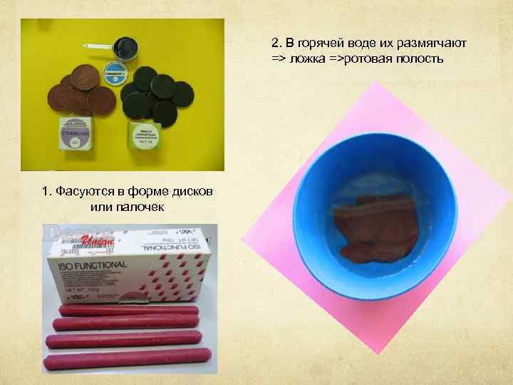 2. В горячей воде их размягчают => ложка =>ротовая полость 1. Фасуются в форме