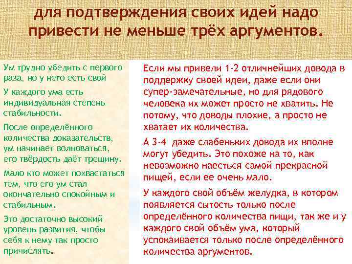 для подтверждения своих идей надо привести не меньше трёх аргументов. Ум трудно убедить с