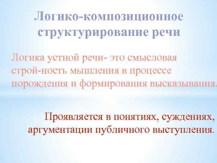 Логико композиционное структурирование речи Логика устной речи это смысловая строй ность мышления в процессе