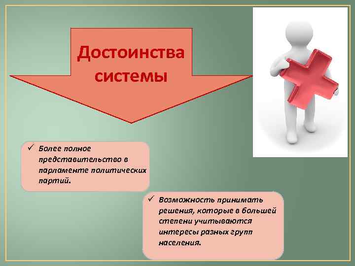 Достоинства системы ü Более полное представительство в парламенте политических партий. ü Возможность принимать решения,