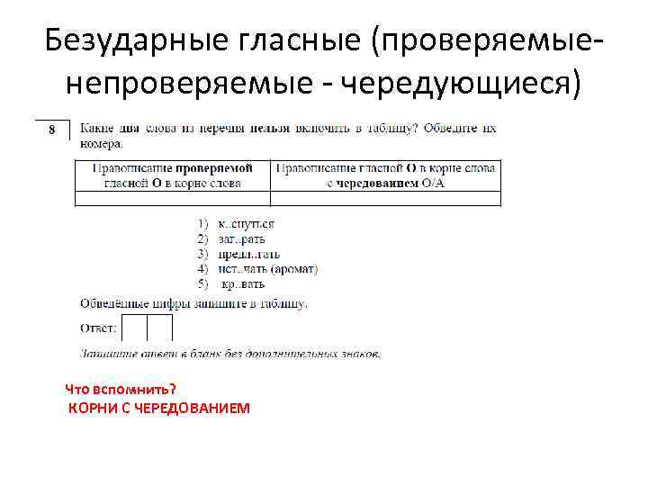 Безударные гласные (проверяемыенепроверяемые - чередующиеся) Что вспомнить? КОРНИ С ЧЕРЕДОВАНИЕМ 