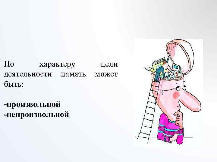 По характеру деятельности память быть: -произвольной -непроизвольной цели может 