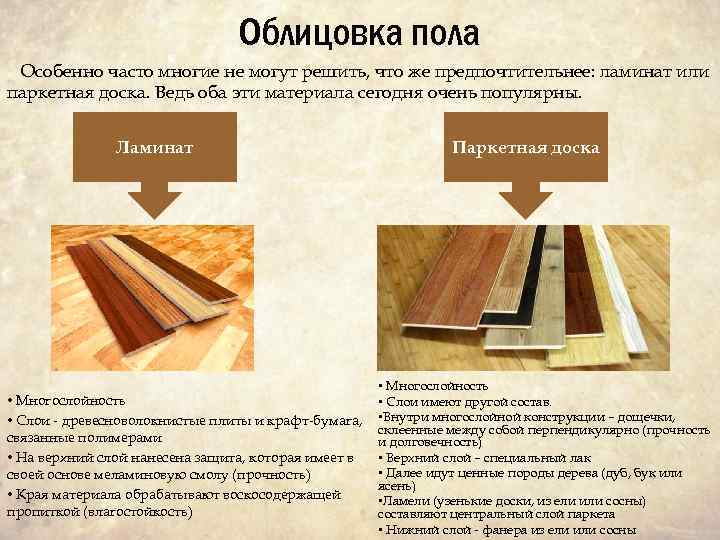 Облицовка пола Особенно часто многие не могут решить, что же предпочтительнее: ламинат или паркетная