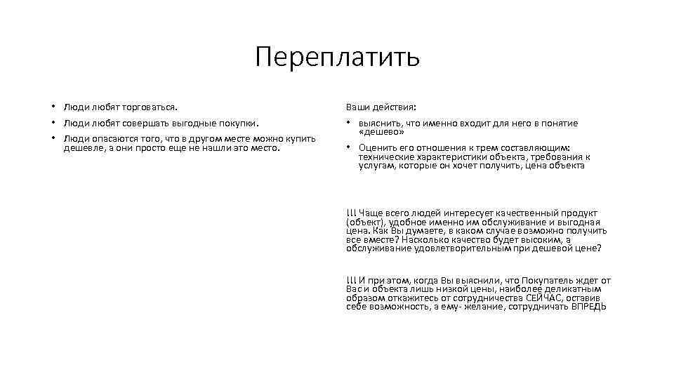 Переплатить • Люди любят торговаться. • Люди любят совершать выгодные покупки. • Люди опасаются