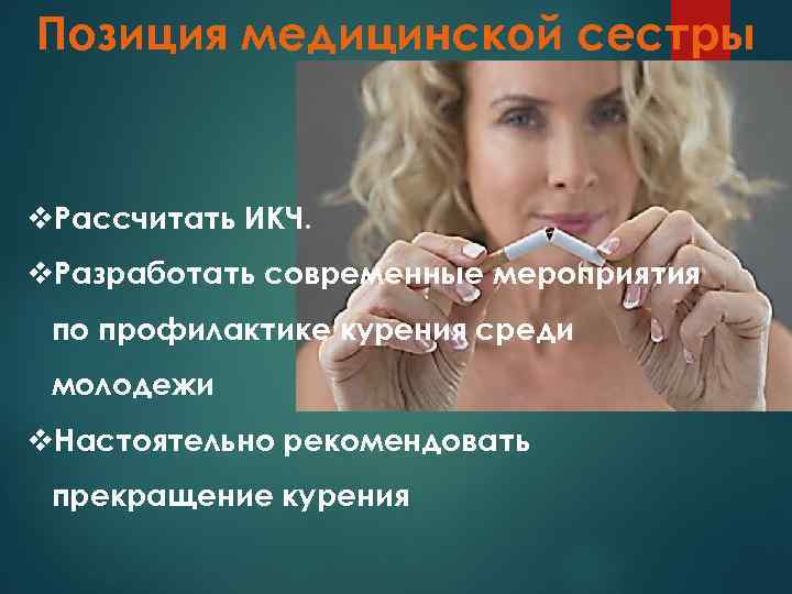 Позиция медицинской сестры v. Рассчитать ИКЧ. v. Разработать современные мероприятия по профилактике курения среди